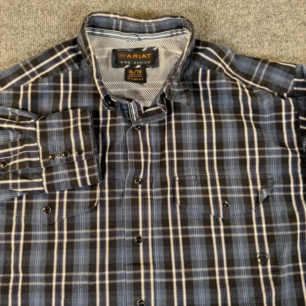 Ariat Pro Series Mens XL Blue Black Plaid Western Long Sleeve Snap Shirt #3228